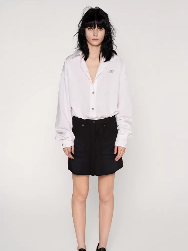 Washed Patchwork Faux Two-Piece Shirt Dress