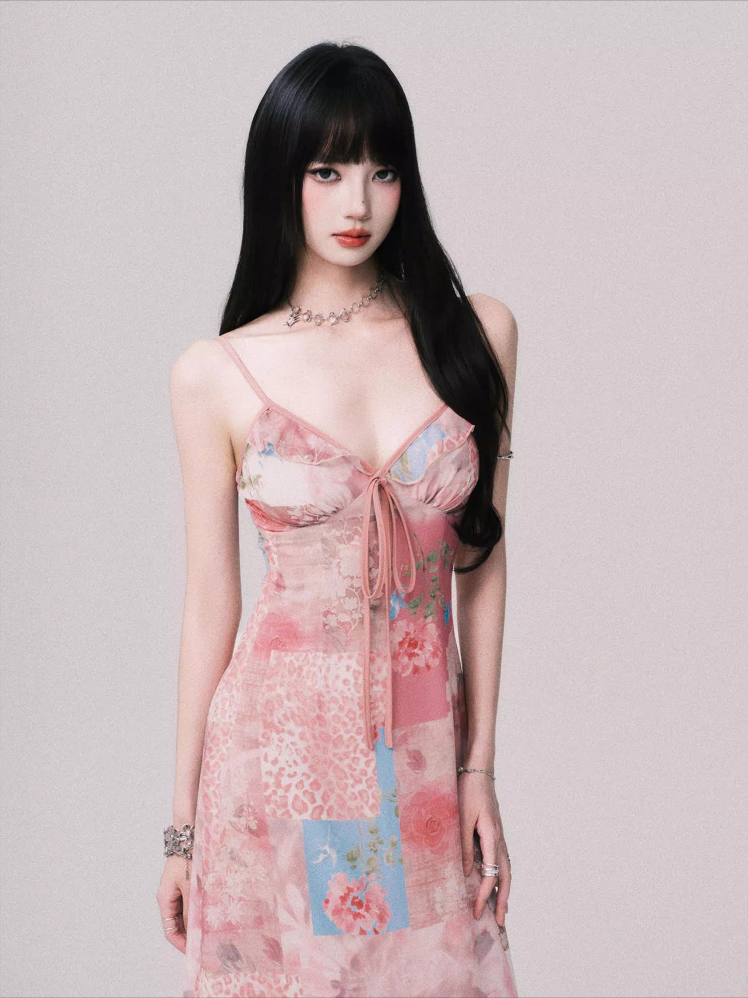 Floral V-Neck Spliced Print Slip Dress