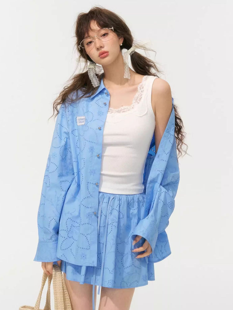 Collar Cut-Out Floral Shirt &amp; Skirt Set