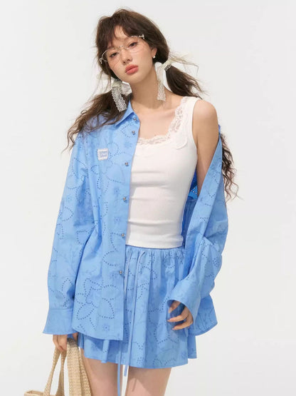 Collar Cut-Out Floral Shirt &amp; Skirt Set