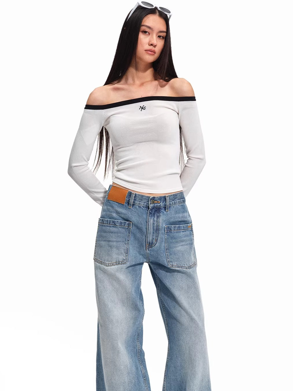 Kelly Off-Shoulder Contrast Knit Crewneck