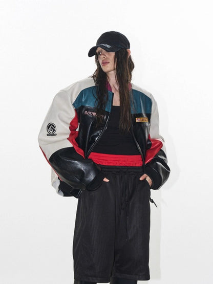 Color-Block Embroidered Moto Padded Jacket