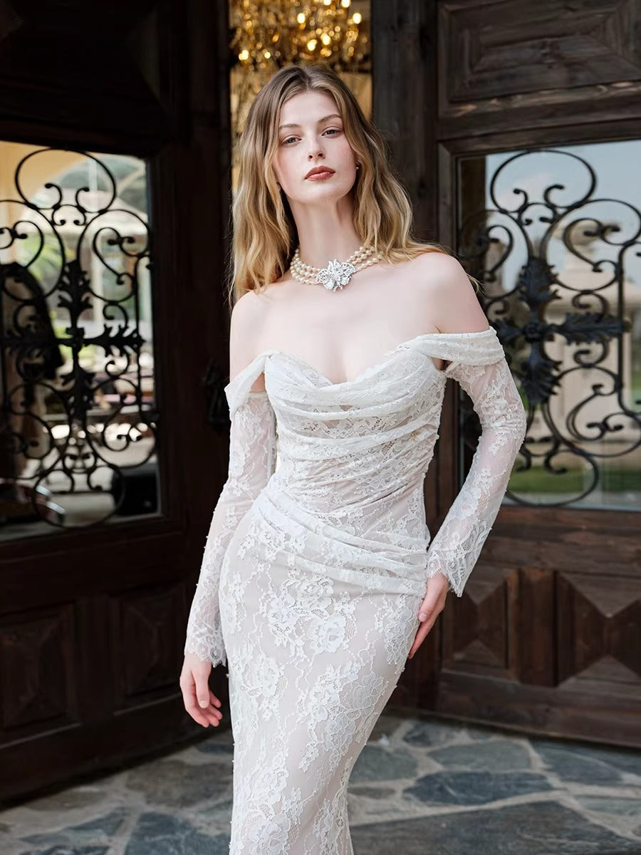 Off-Shoulder Lace-Panel Mermaid Maxi Dress