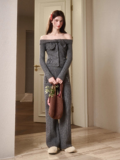 Velvet Bunny Wool Cloud Off-Shoulder Knit Cardigan &amp; Wide-Leg Pants Set