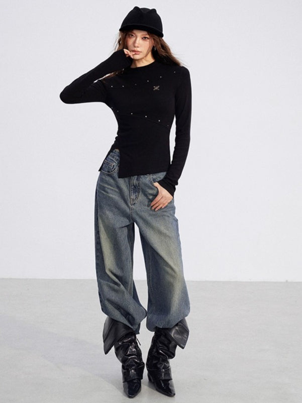 Slit Long-Sleeve Statement Base T-Shirt