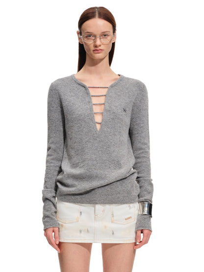 Wool Deep-V Textured Knit Sweater