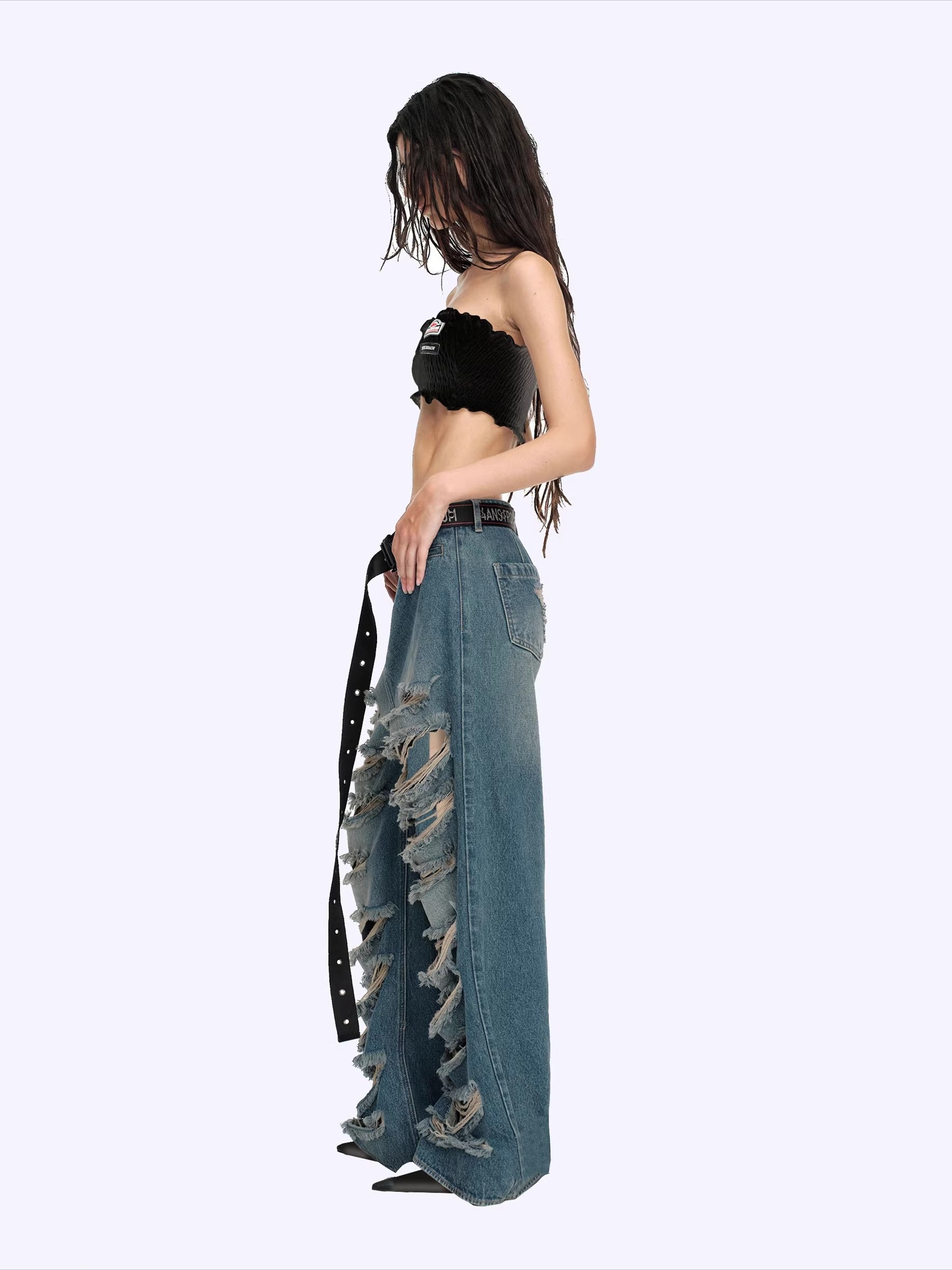 Vintage Washed Distressed Wide-Leg Denim Jeans