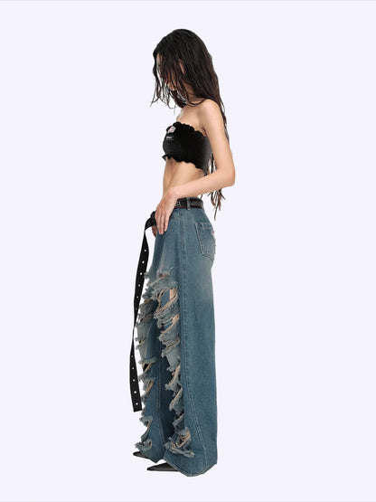 Vintage Washed Distressed Wide-Leg Denim Jeans