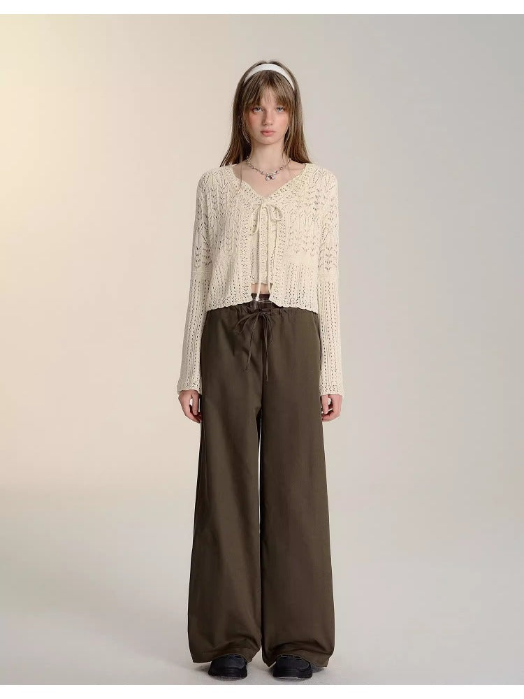 Black &amp; Brown Drawstring Wide-Leg Pants