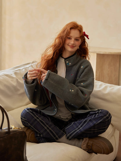 Floral Embroidered Plaid Fleece Oversized Jacket