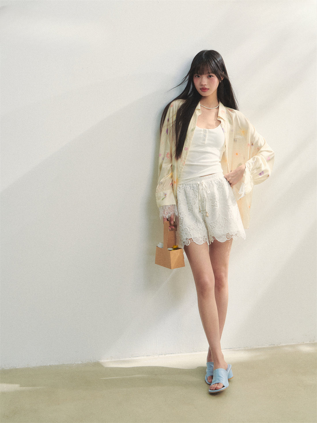 White Lace Hollow-Out Tie-Up Shorts
