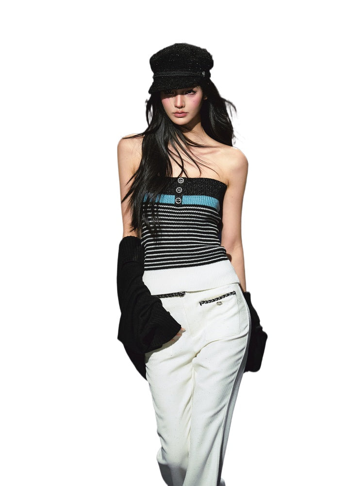 Colorblock Bustier Top &amp; Relaxed Wool-Blend Knit Cardigan Set - CHINASQUAD