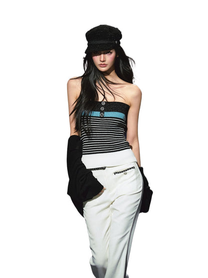 Colorblock Bustier Top &amp; Relaxed Wool-Blend Knit Cardigan Set - CHINASQUAD