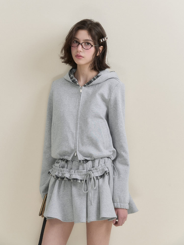 Gray Plaid Spliced Hoodie &amp; Skirt Set