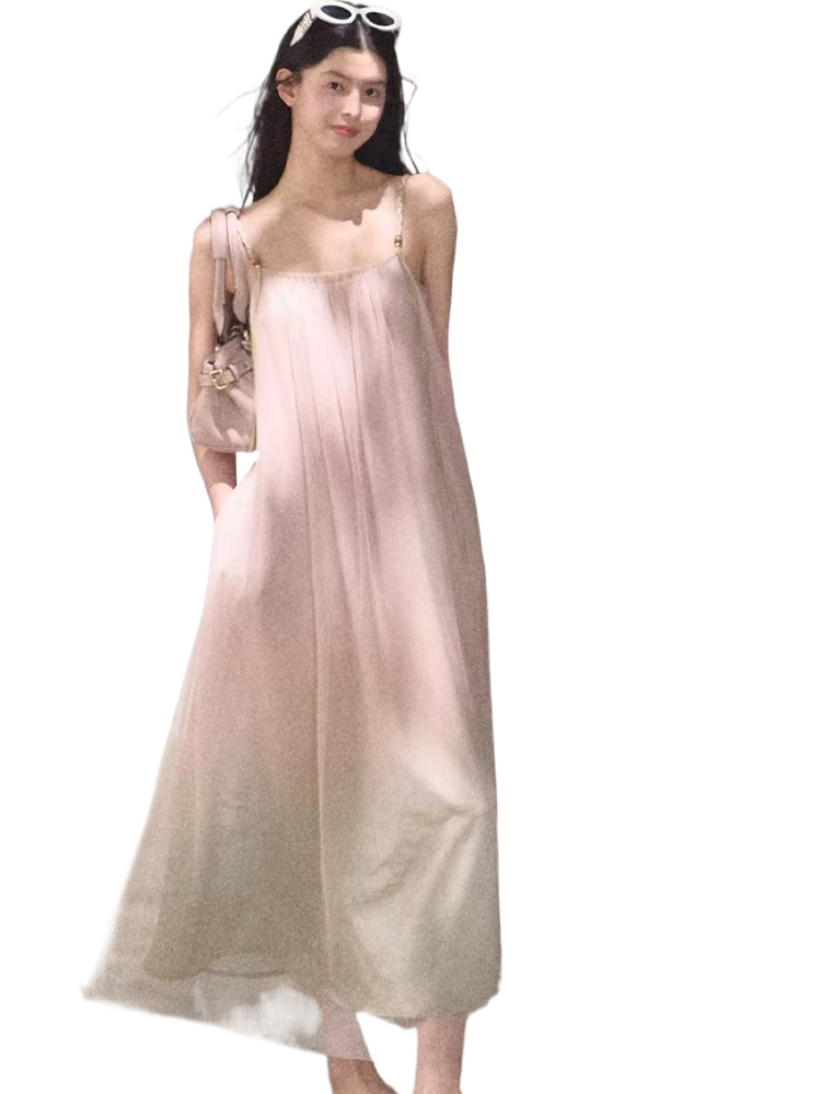 Pink Sand Layered Tulle Camisole Maxi Dress