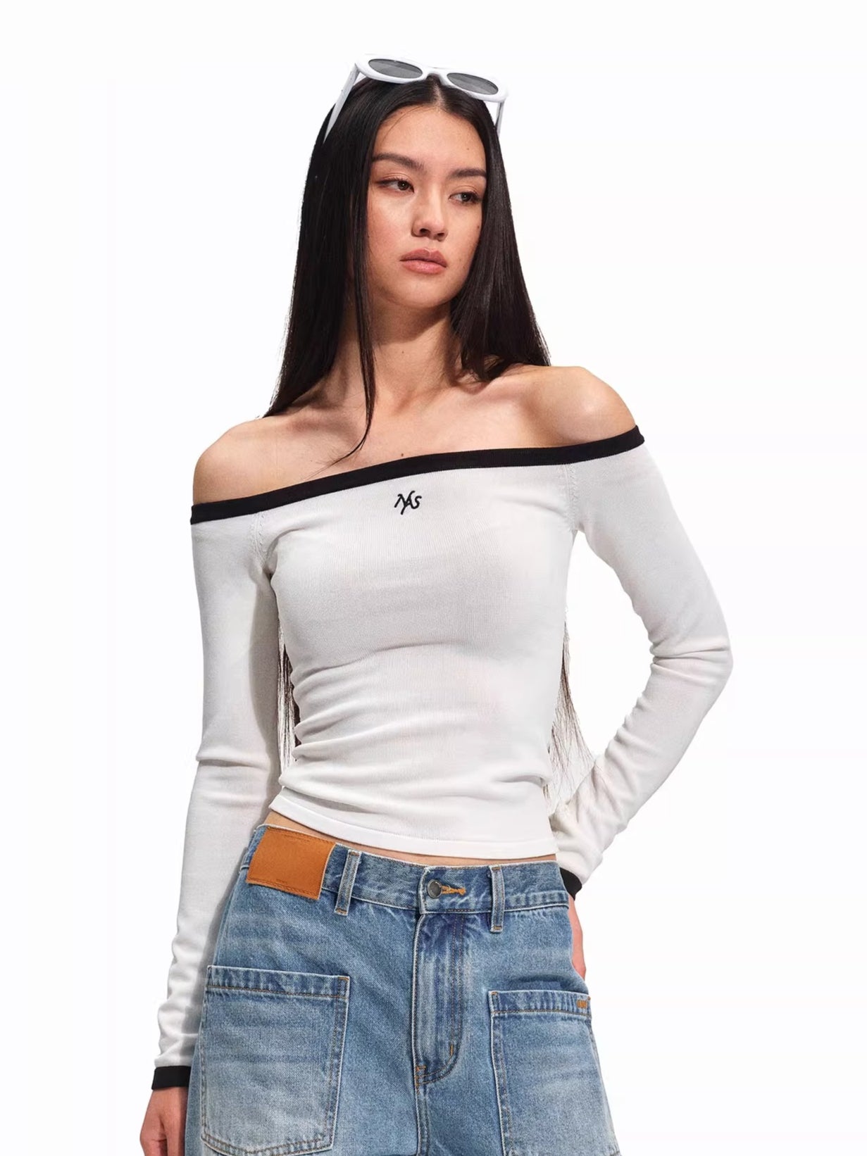 Kelly Off-Shoulder Contrast Knit Crewneck