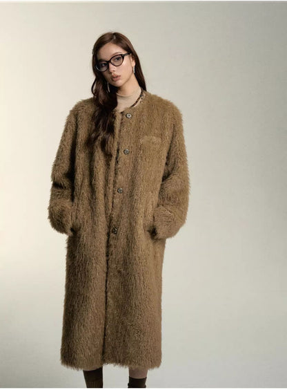 Khaki &amp; Milk White Long Suede Fur Coat - CHINASQUAD