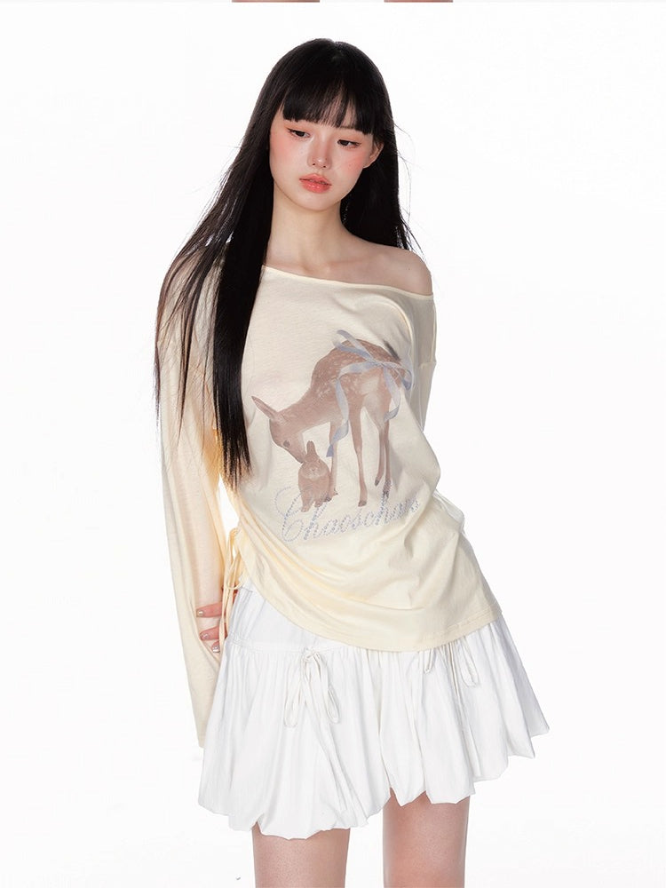 Asymmetric Deer Print Crystal-Embellished T-Shirt