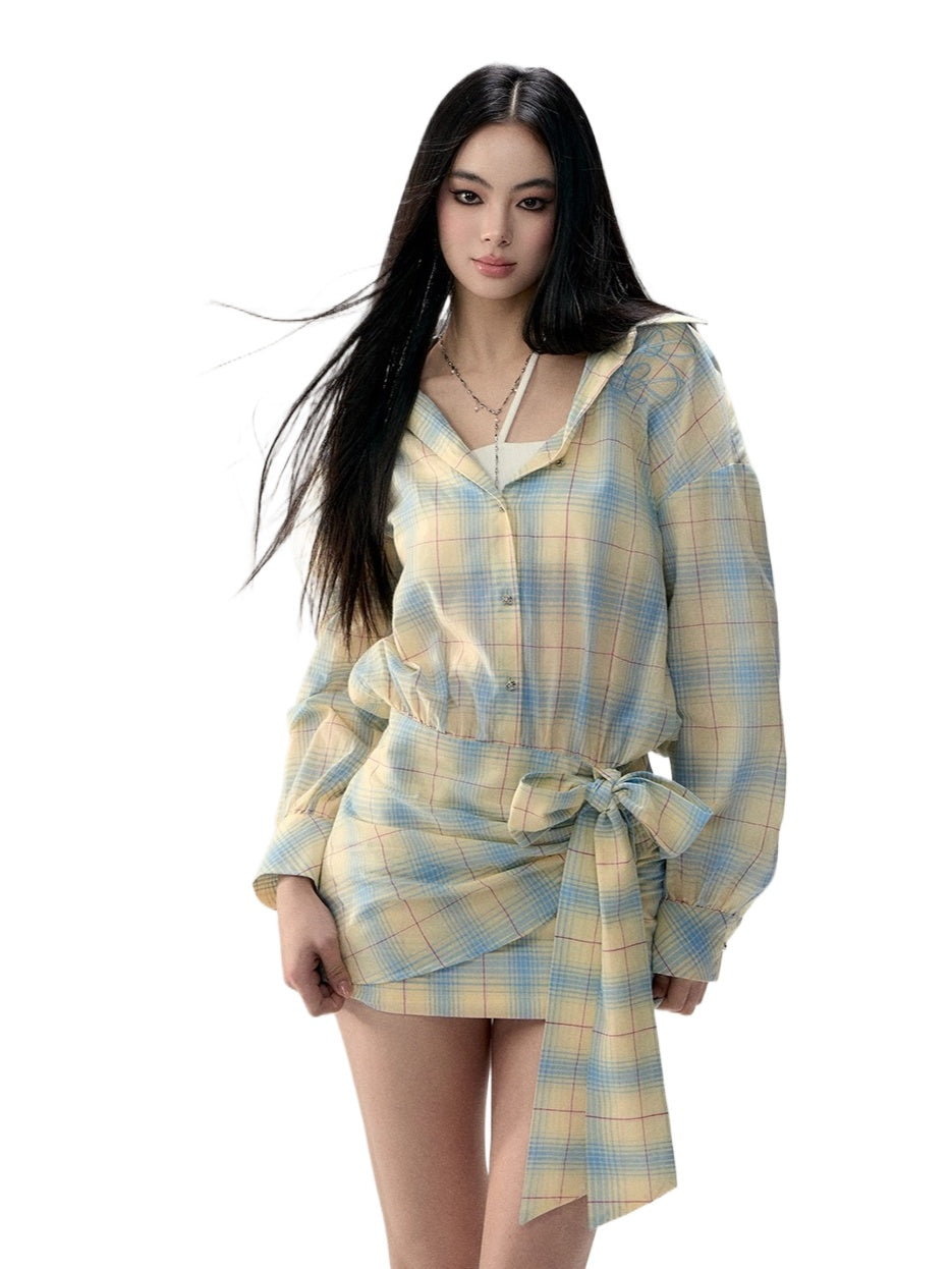 Yellow Tie Bow Shirt Dress