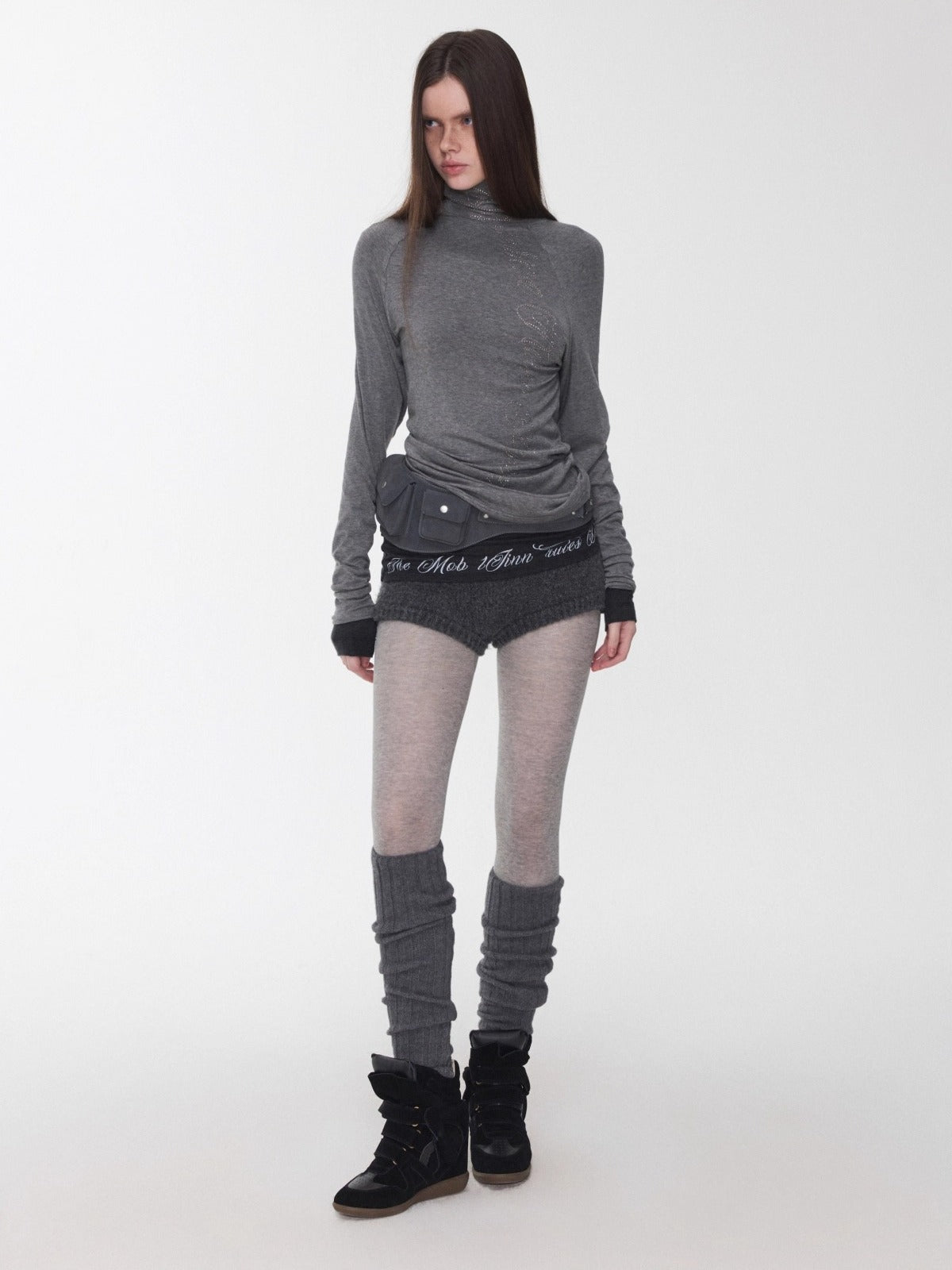 Rhinestone High-Neck Raglan Knit T-Shirt
