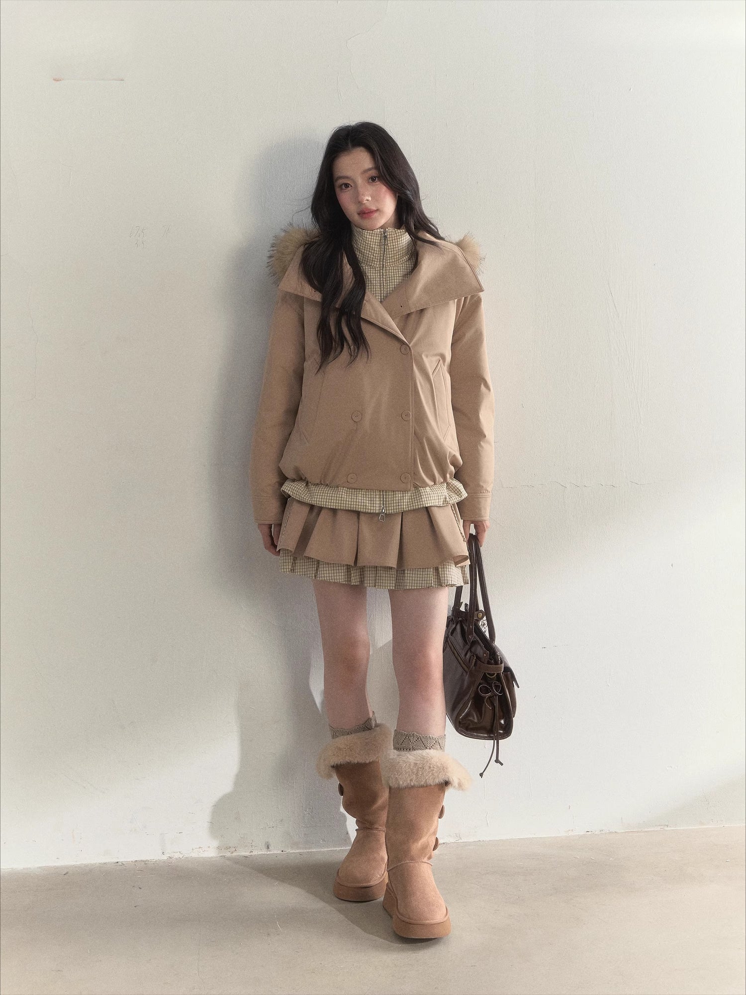 Retro Khaki Double-Layer Pleated Skirt