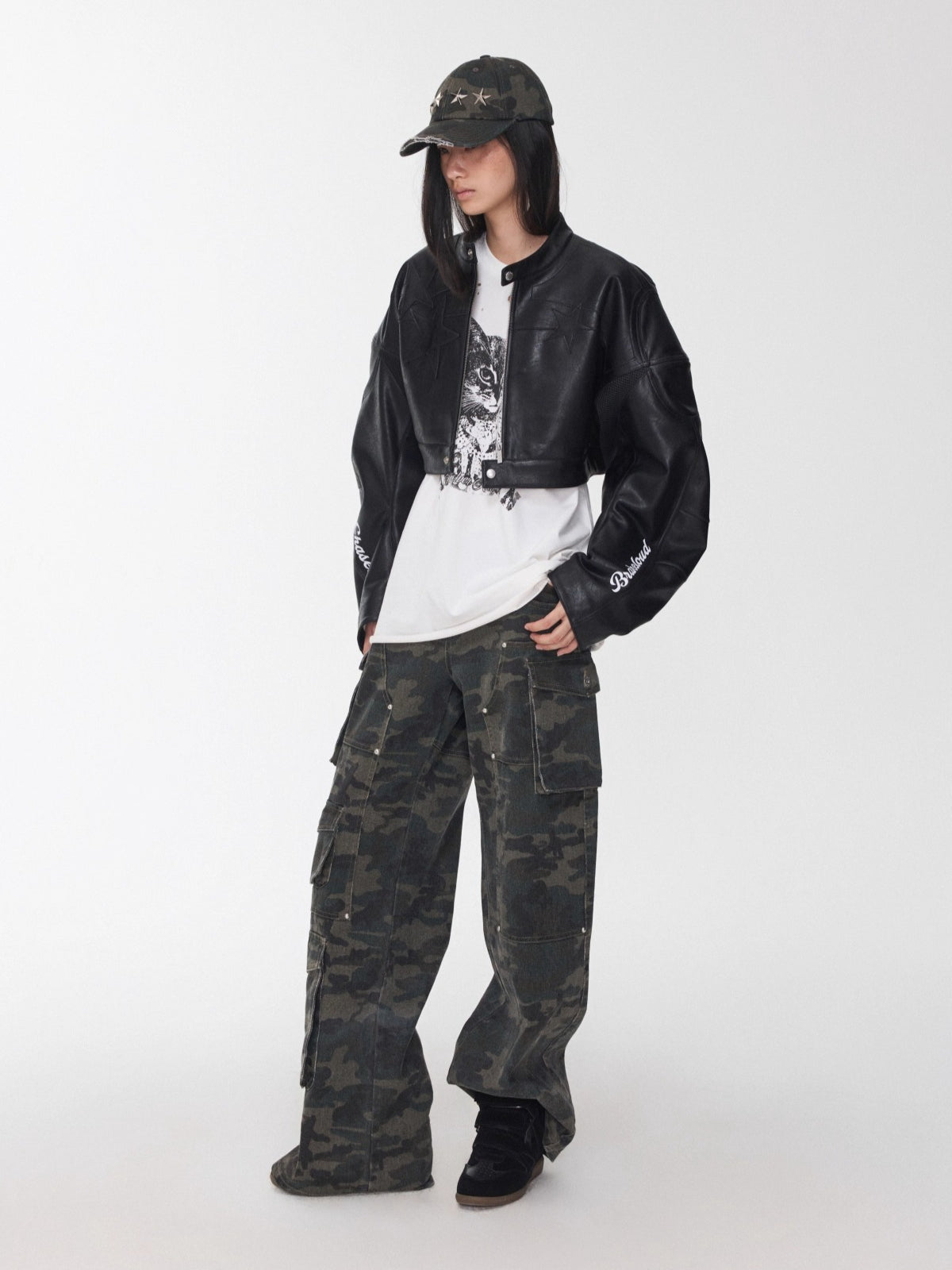 Letter Print Structured Cropped Moto Jacket