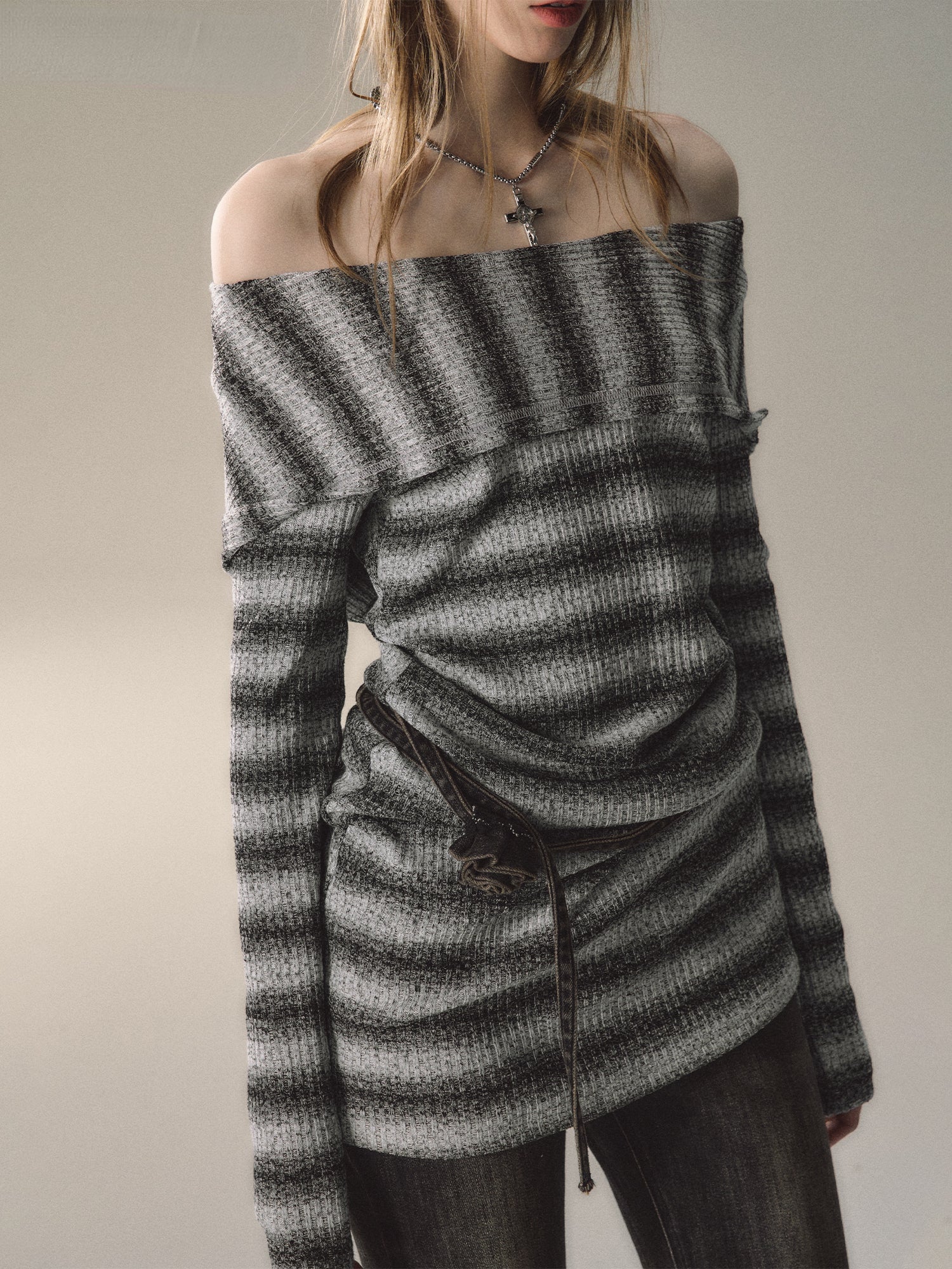 Grey &amp; Khaki Striped Knit Mini Dress - CHINASQUAD