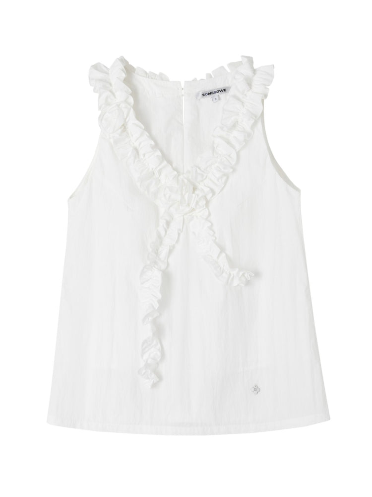 French Ruffle Lace Knotted Flower V-neck Top - CHINASQUAD