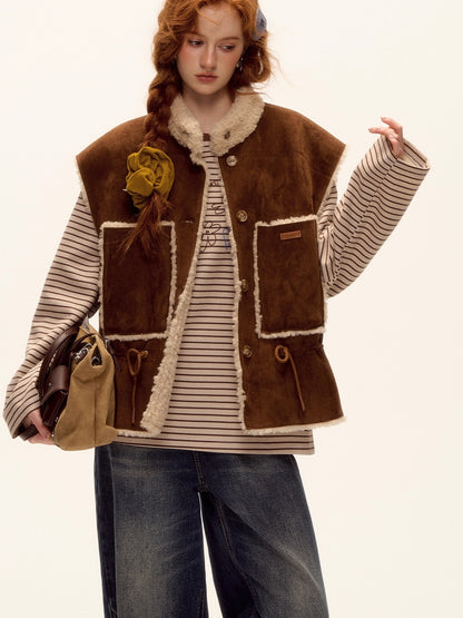 Reversible Faux Shearling Suede Drawstring Vest