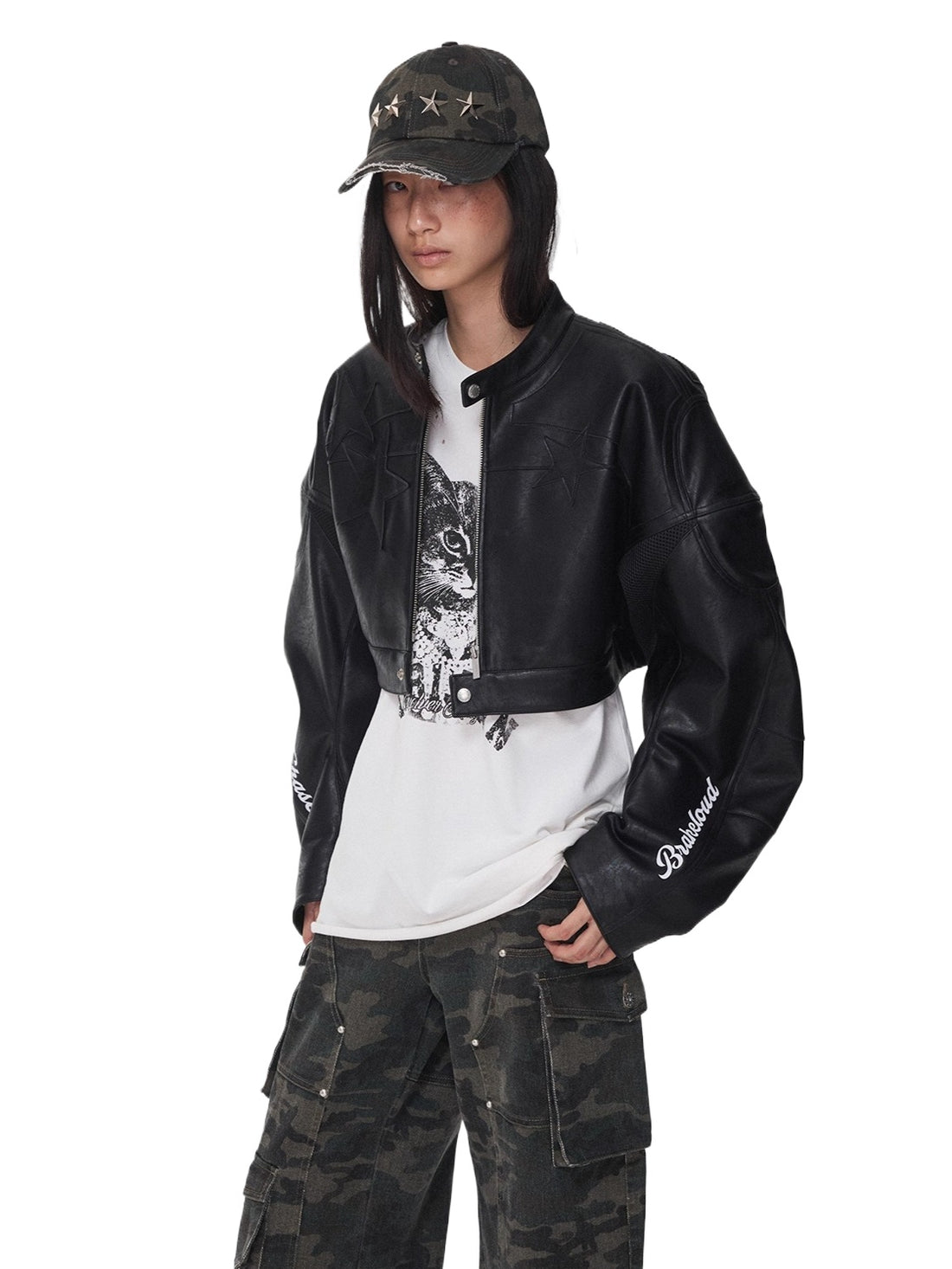 Letter Print Structured Cropped Moto Jacket