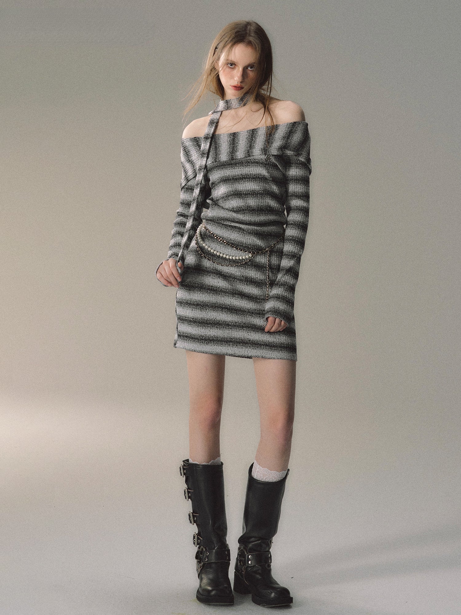 Grey &amp; Khaki Striped Knit Mini Dress - CHINASQUAD