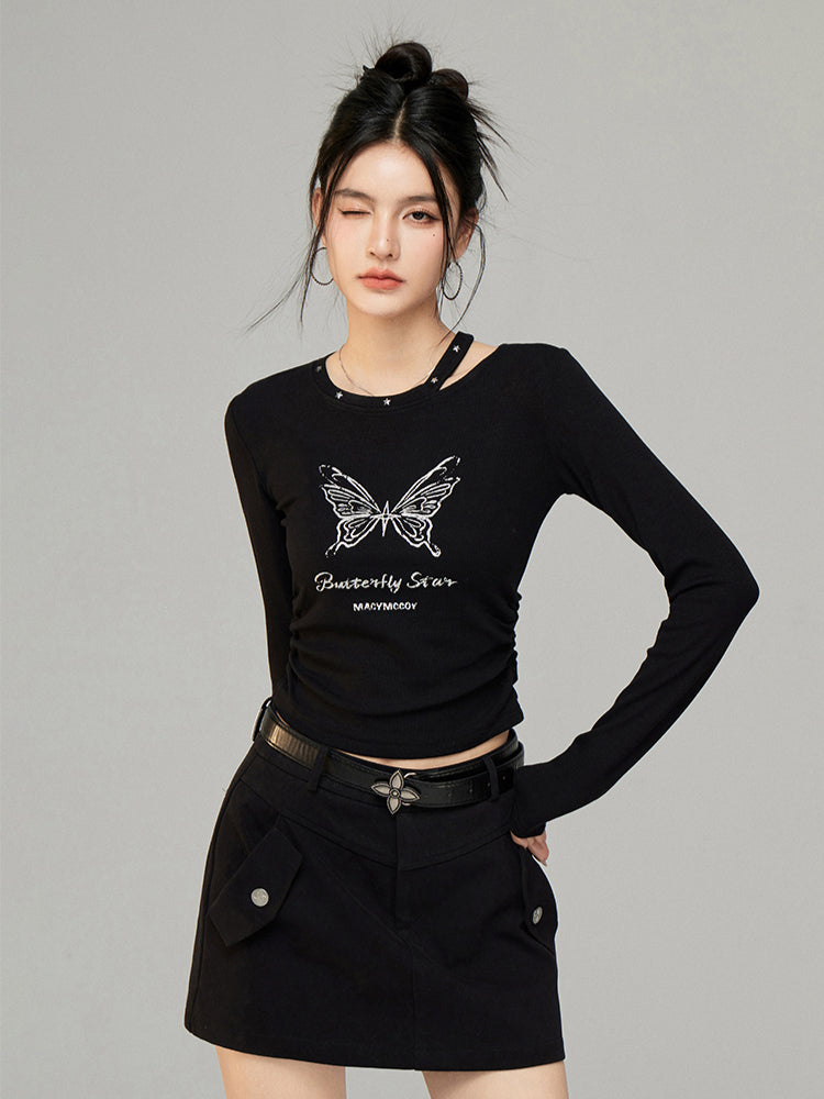 Butterfly Pleated Long Sleeve T-shirt