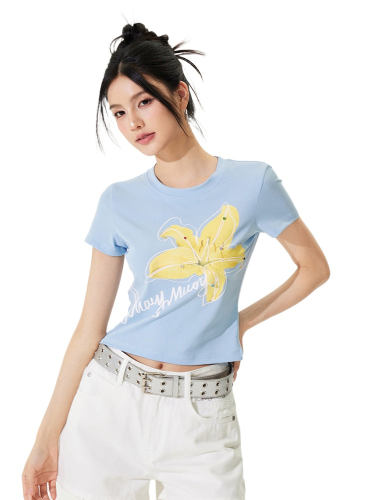 Color Diamond Floral Regular Shoulder T-shirt - CHINASQUAD