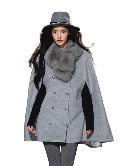 Wool-Blend Detachable Fur-Collar Cape Coat