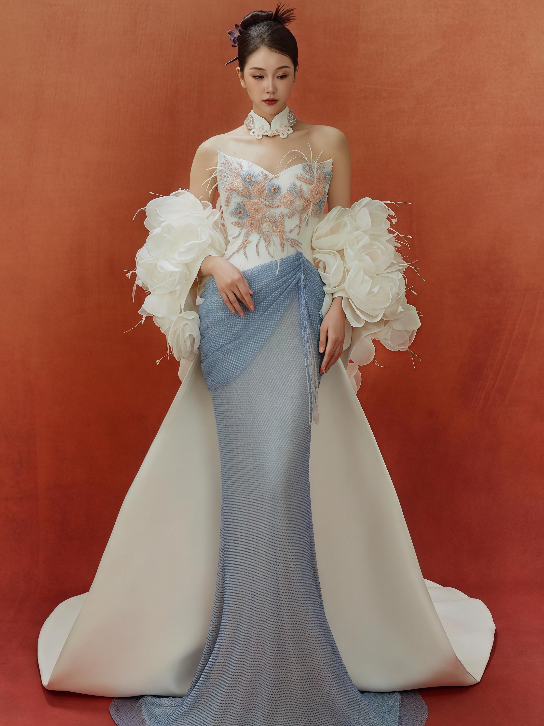 Powder Blue Embroidered Halter Mermaid Gown with 3D Floral Shawl