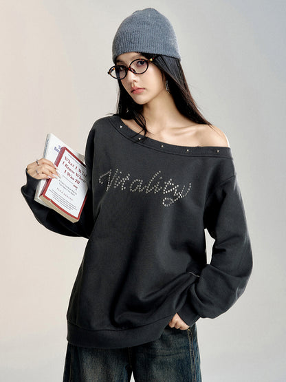 Gray Off-shoulder Studded Oversized Sweatshirt