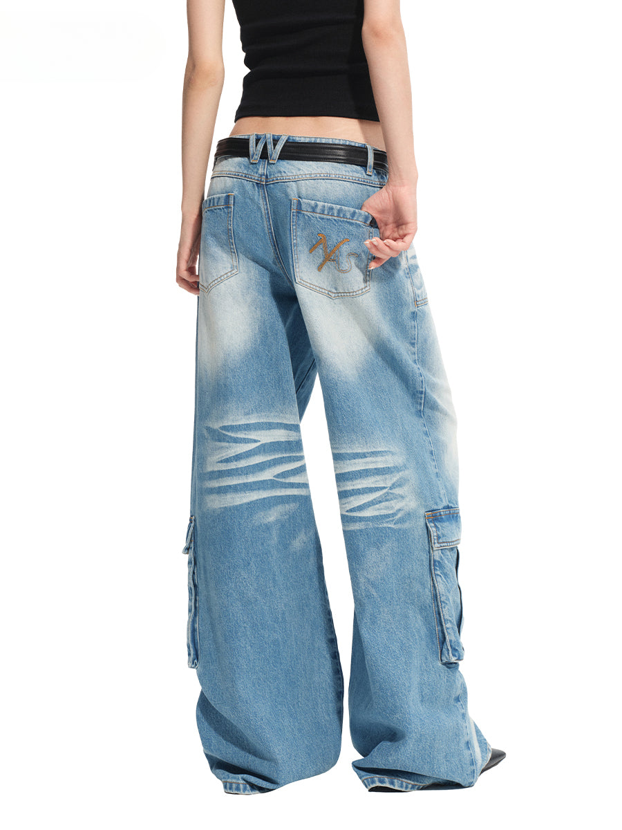 Washed Twill Denim Whisker Wide-leg Jeans - CHINASQUAD