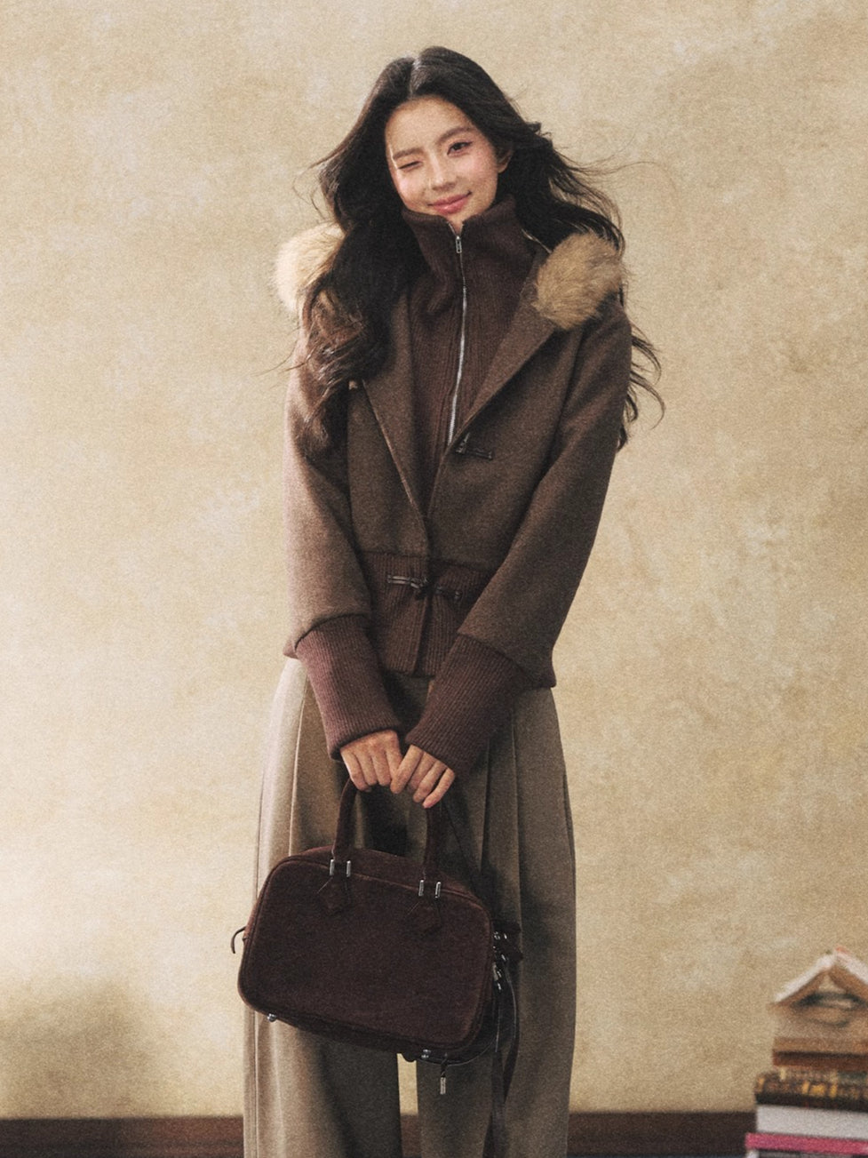 Fur Collar Faux-Layered Wool-Blend Jacket