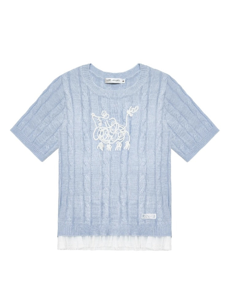 Dog Embroidered Cable Knit T-shirt