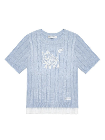 Dog Embroidered Cable Knit T-shirt