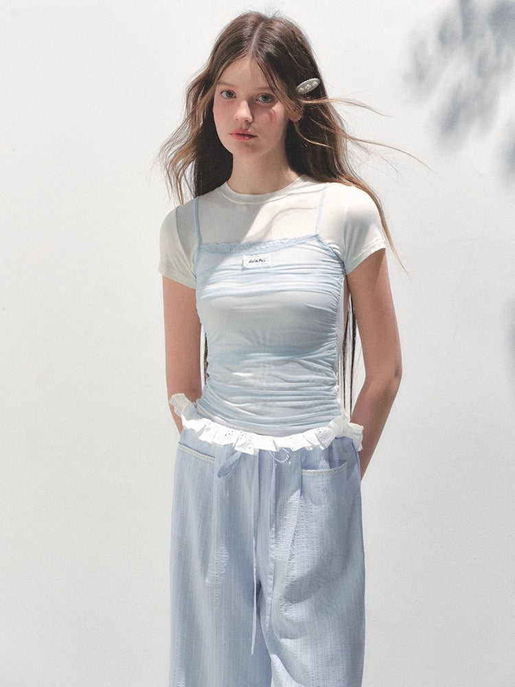 Contrast Color Fake Two-piece Mesh Lace Short-sleeve T-shirt