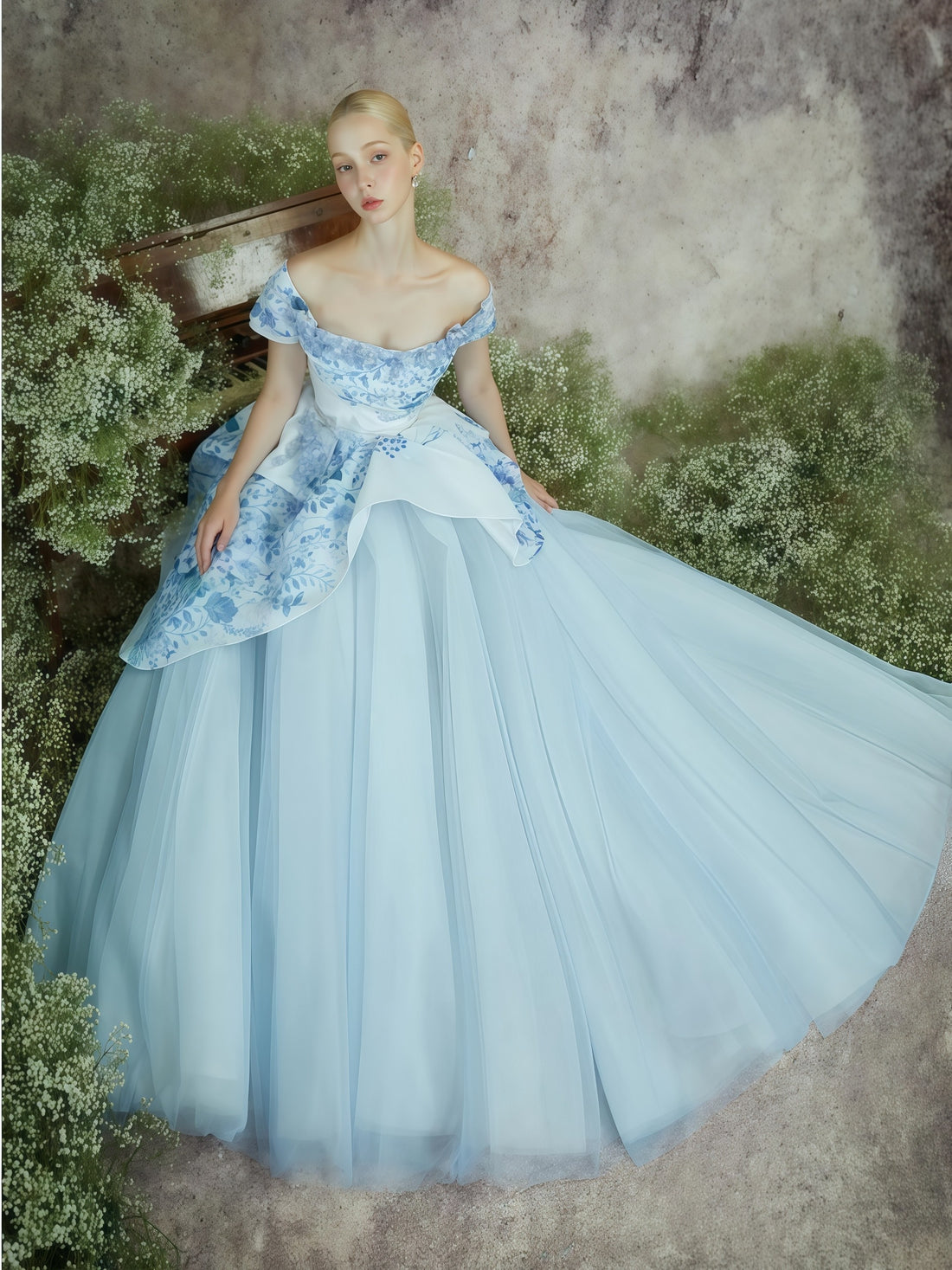 Azure Bloom Off-Shoulder Embroidered Couture Ball Gown