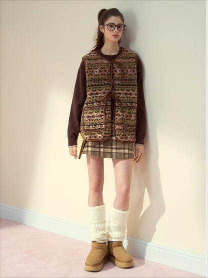 Mocha Fair Isle Reversible Tie-Front Shearling Vest