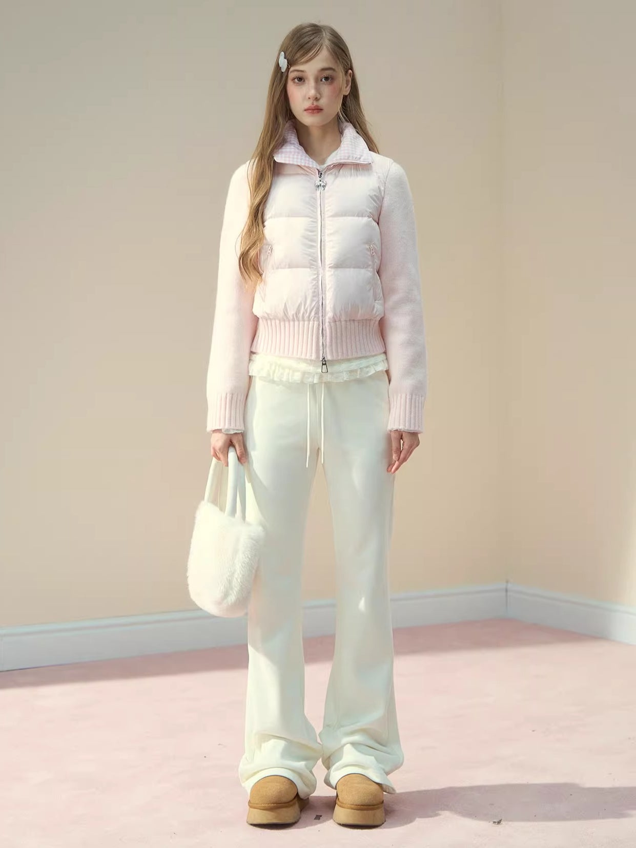 Cream Knit-Panel Down Jacket