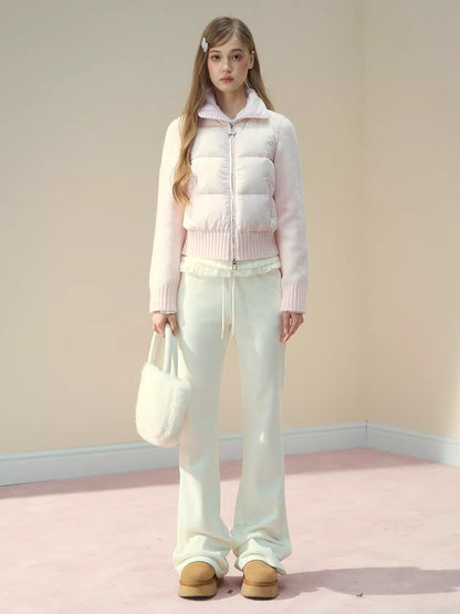 Cream Knit-Panel Down Jacket