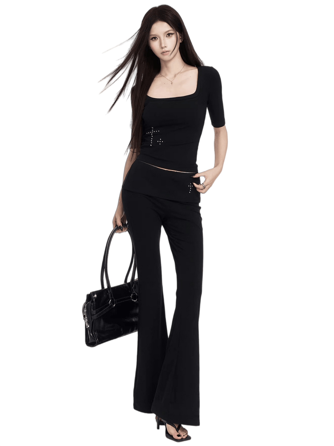 Square Neck Cropped Tee &amp; Flare Pants Set