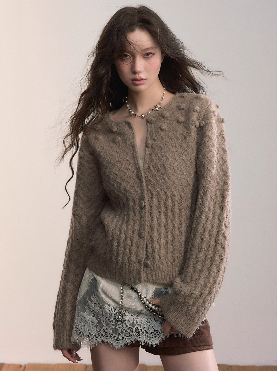 Textured Wool-Blend Cable Knit Cardigan