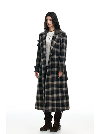 Plaid Patchwork Leather-Trim Quilted Trench Coat