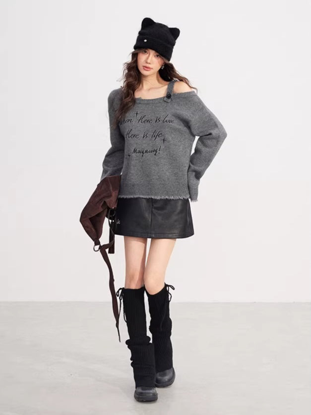 Deconstructed Off-Shoulder Embroidered Knit Sweater