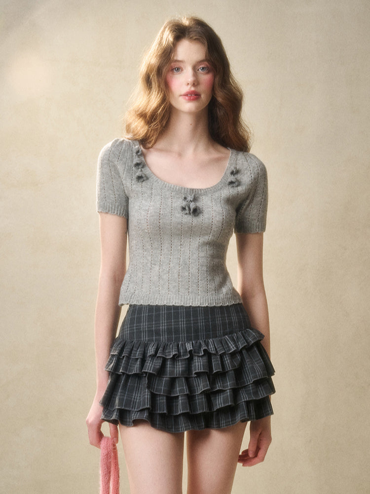 Wool Hollow Out Short Sleeve Knitted Shirt